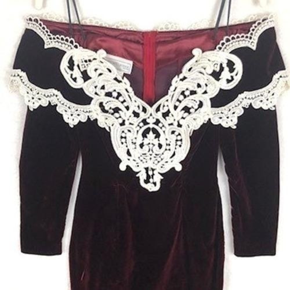 VTG Scott McClintock Velvet Lace Off Shoulder Cocktail Dress Sz 2P Burgundy L/S